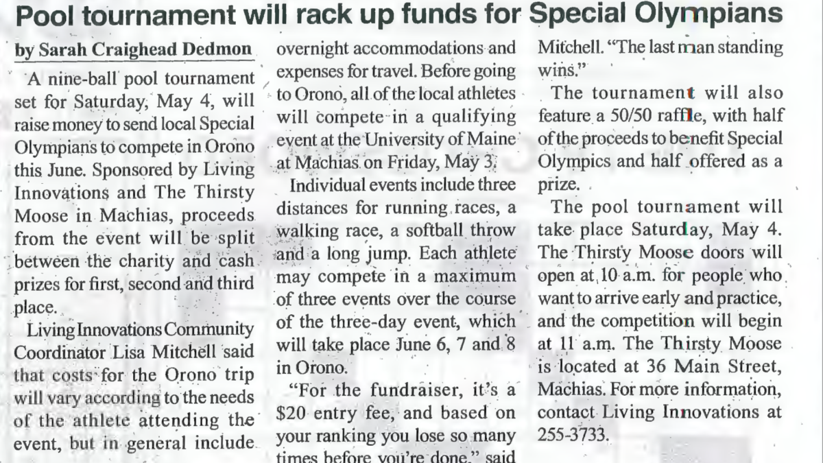 Machias Valley News Observer, April 2019 – Pool tournament will rack up funds for Special Olympians