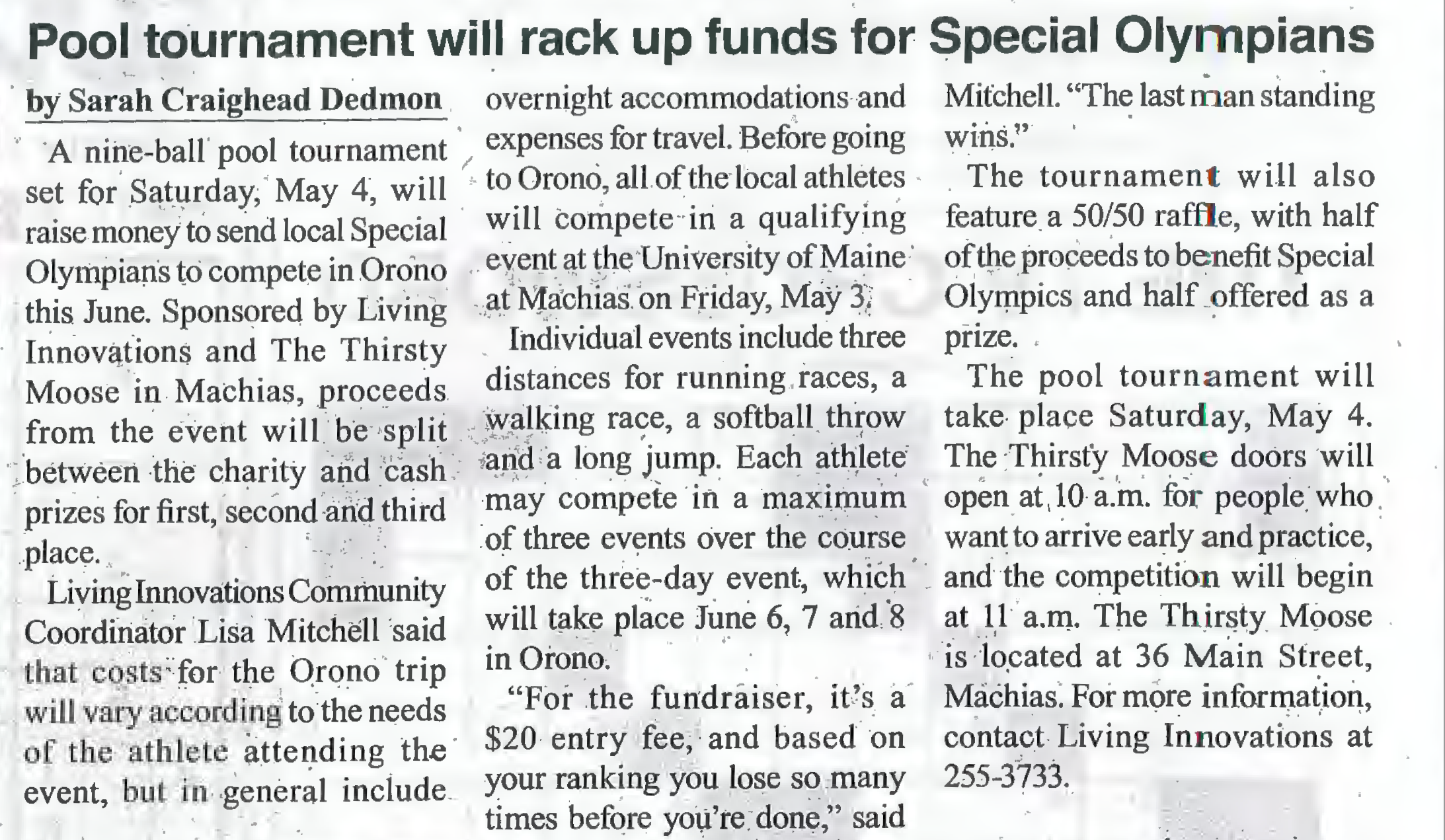 Machias Valley News Observer, April 2019 – Pool tournament will rack up funds for Special Olympians